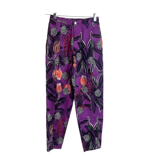 Desigual Pants Womens XS Purple Botanical Floral Print Pleated Tapered Ankle - Picture 1 of 11